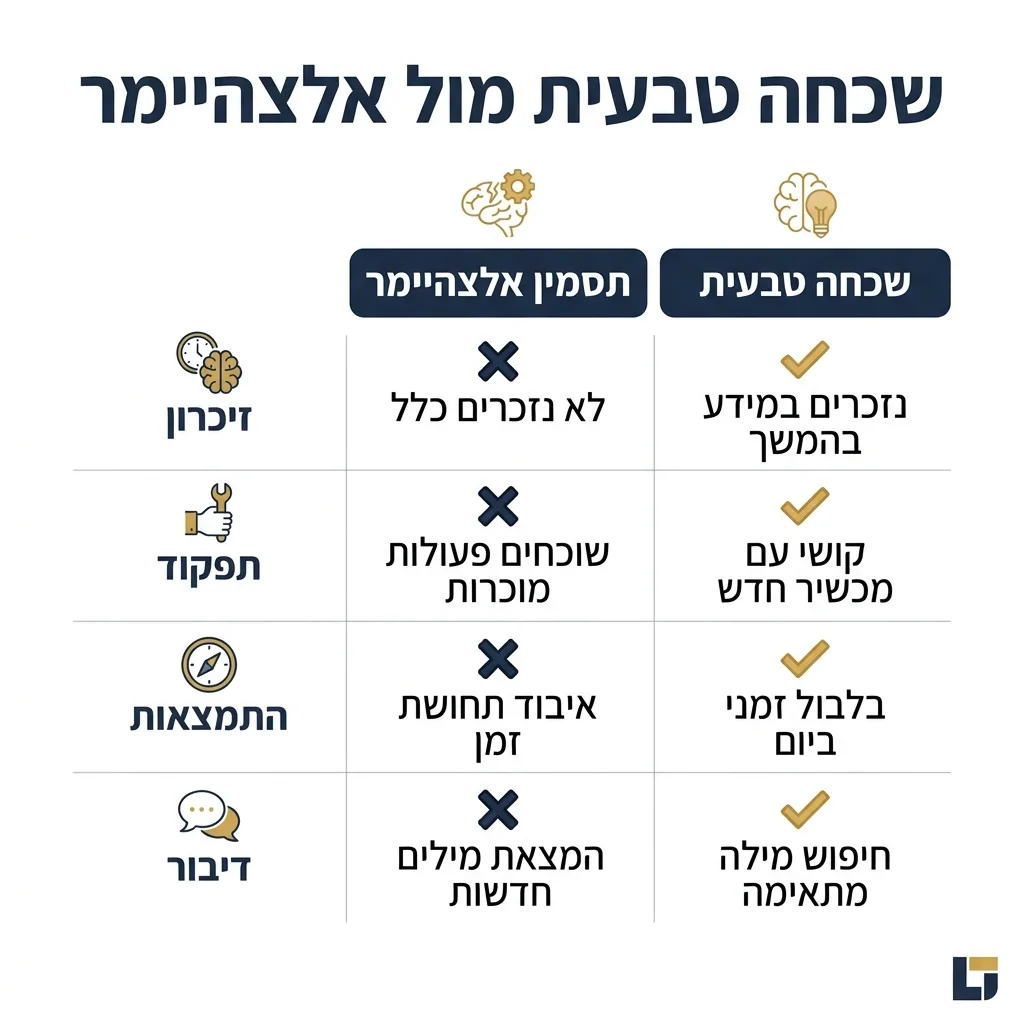 אינפוגרפיקה — שכחה טבעית מול אלצהיימר: השוואה בין שכחה טבעית, תסמין אלצהיימר