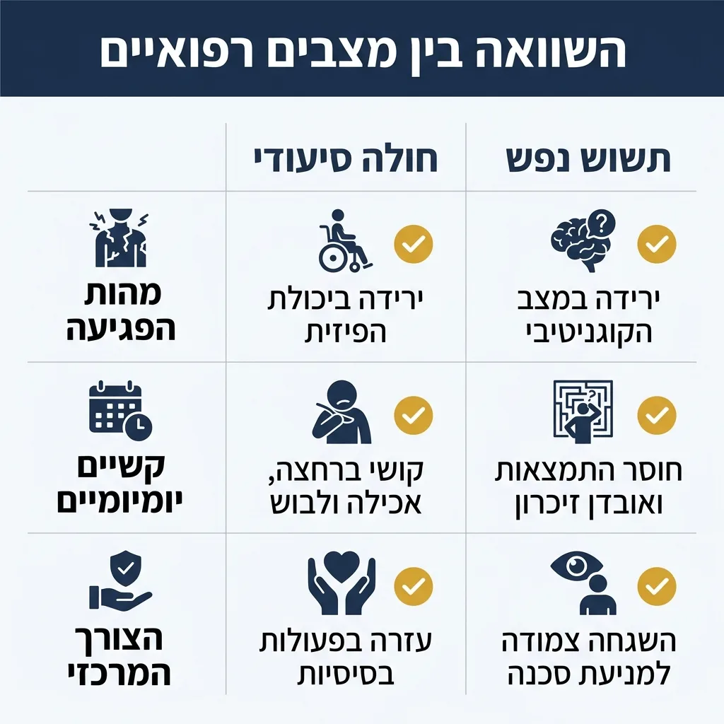 אינפוגרפיקה — השוואה בין מצבים רפואיים: השוואה בין חולה סיעודי, תשוש נפש