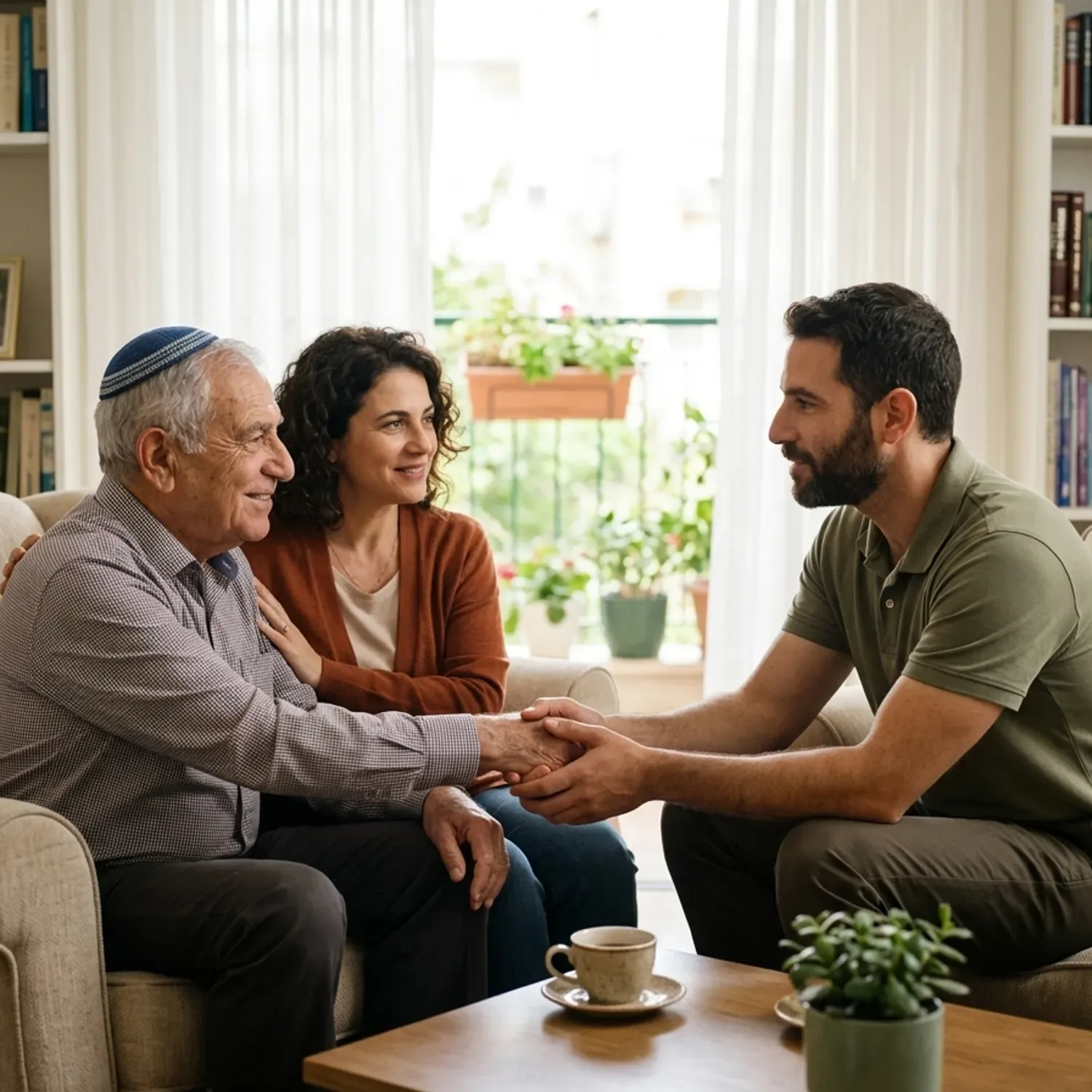 אדם מבוגר ובן משפחתו יושבים בסלון מואר ולוחצים יד לנציג של חברת סיעוד הלבוש בלבוש יומיומי מכובד, אווירה של אמון ושותפות, תאורה טבעית