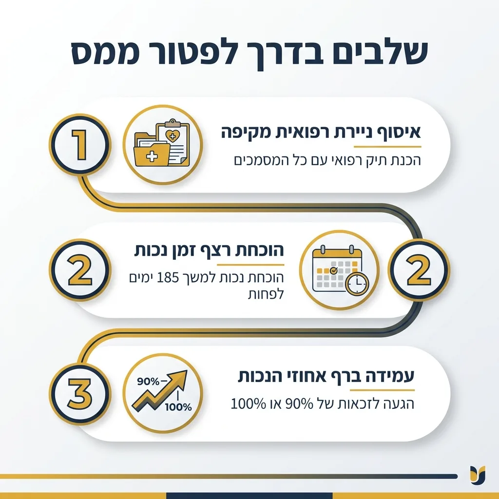 אינפוגרפיקה — שלבים בדרך לפטור ממס: איסוף ניירת רפואית מקיפה, הוכחת רצף זמן נכות, עמידה ברף אחוזי הנכות