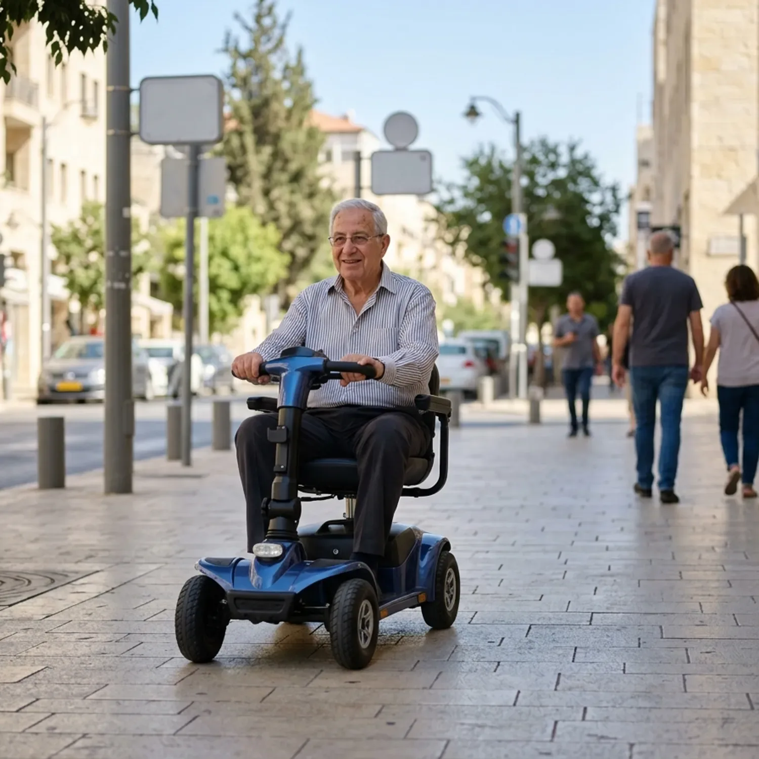 צילום מציאותי וברור של אדם מבוגר נוהג בבטחה בקלנועית קומפקטית על מדרכה עירונית מסודרת, לידו הולכי רגל, יום שמש בהיר