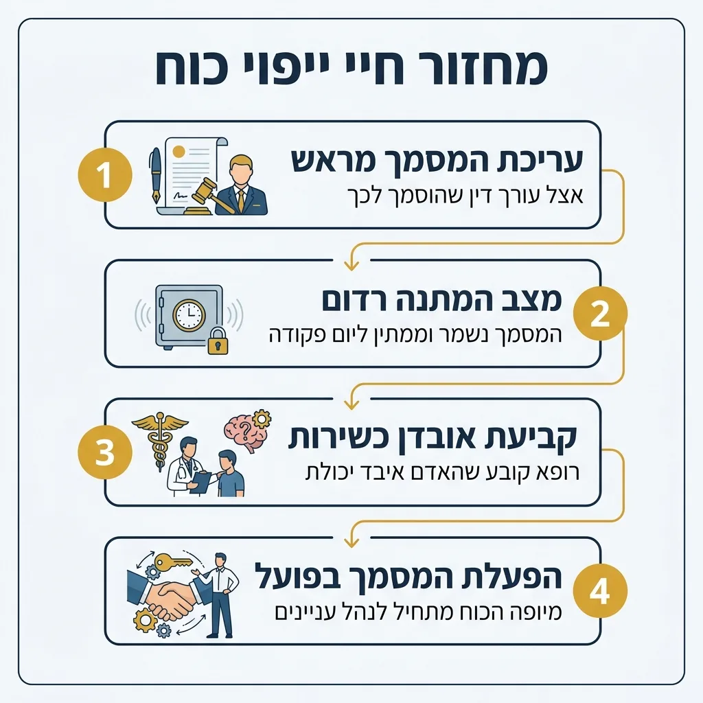 אינפוגרפיקה — מחזור חיי ייפוי כוח: עריכת המסמך מראש, מצב המתנה רדום, קביעת אובדן כשירות, הפעלת המסמך בפועל