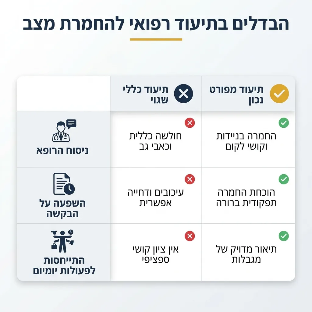 אינפוגרפיקה — הבדלים בתיעוד רפואי להחמרת מצב: השוואה בין תיעוד כללי שגוי, תיעוד מפורט נכון