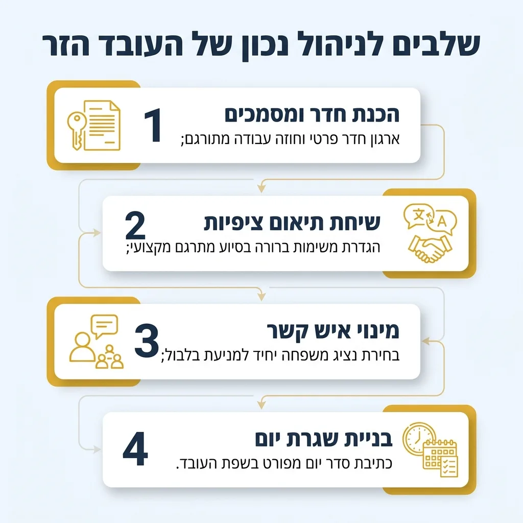 אינפוגרפיקה — שלבים לניהול נכון של העובד הזר: הכנת חדר ומסמכים, שיחת תיאום ציפיות, מינוי איש קשר, בניית שגרת יום