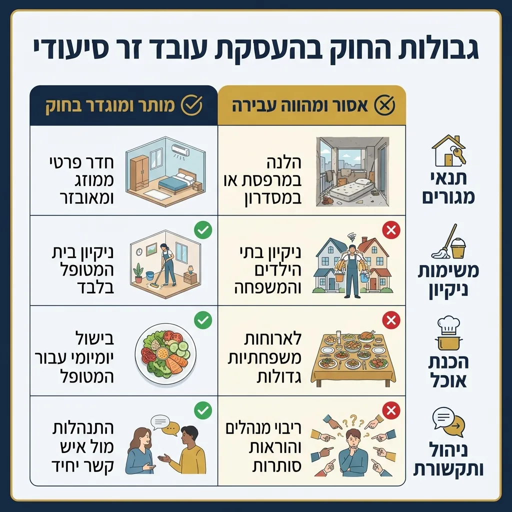 אינפוגרפיקה — גבולות החוק בהעסקת עובד זר סיעודי: השוואה בין מותר ומוגדר בחוק, אסור ומהווה עבירה