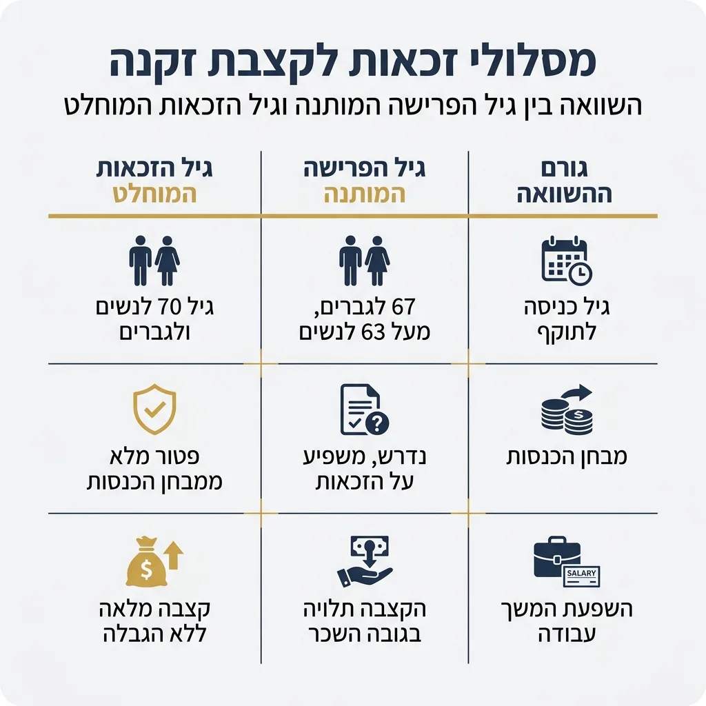 אינפוגרפיקה — מסלולי זכאות לקצבת זקנה: השוואה בין גיל הפרישה המותנה, גיל הזכאות המוחלט
