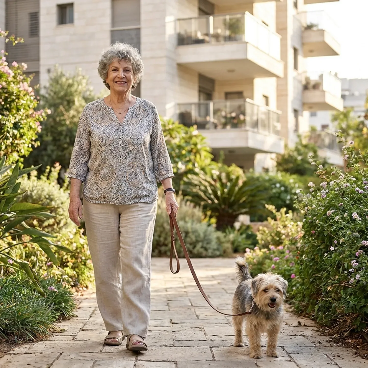 צילום פוטו-ריאליסטי מואר באור יום טבעי של אישה ישראלית מבוגרת בת כ-75, לבושה במכנסיים נוחים וחולצה יומיומית, הולכת בשביל מרוצף בגינה מטופחת של מתחם מגורים בישראל יחד עם כלב קטן ומטופח הקשור ברצועה, זווית צילום בגובה העיניים, פוקוס חד