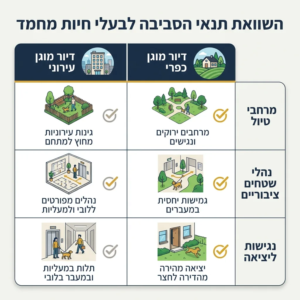 אינפוגרפיקה — השוואת תנאי הסביבה לבעלי חיות מחמד: השוואה בין דיור מוגן כפרי, דיור מוגן עירוני